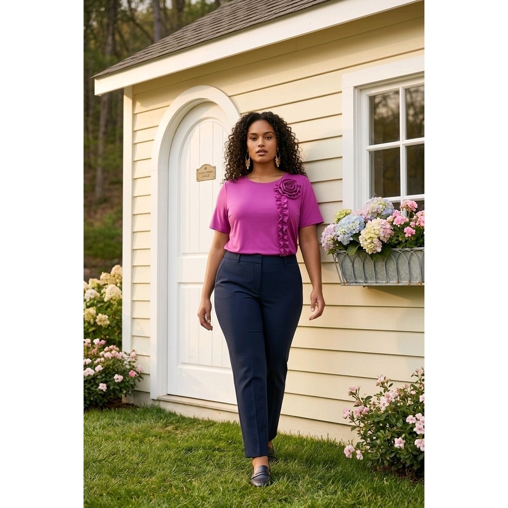 Ashley Stewart Top Womens 22/24 Pink Magenta Rosette Ruffle Short Sleeve‎ Blouse